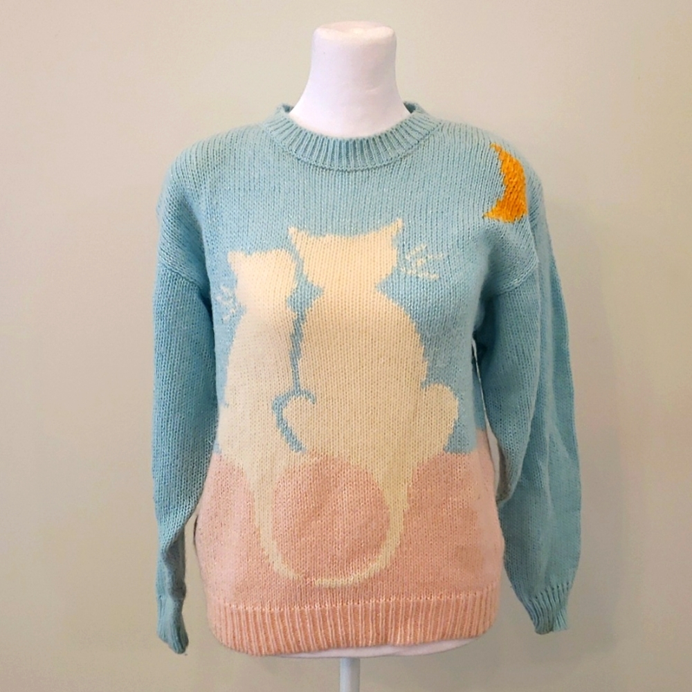Vintage sparkly, cat staring at the moon sweater, size LG, blue/pink